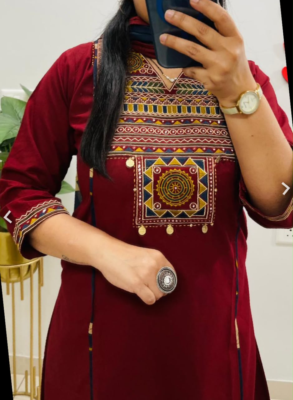 maroon cotton straight kurta set with geometric yoke embroidery, mirror work,