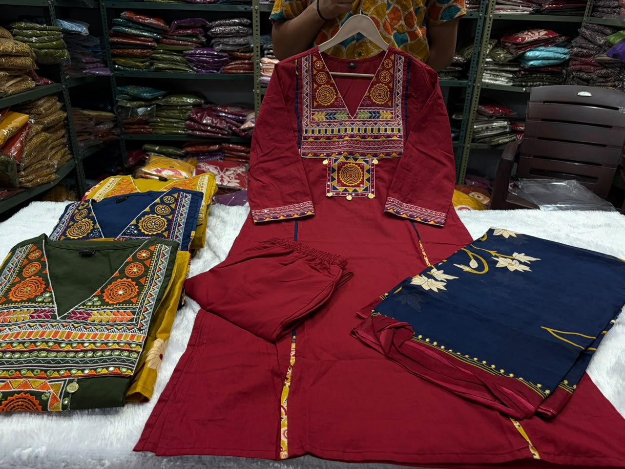 maroon cotton straight kurta set with geometric yoke embroidery, mirror work,