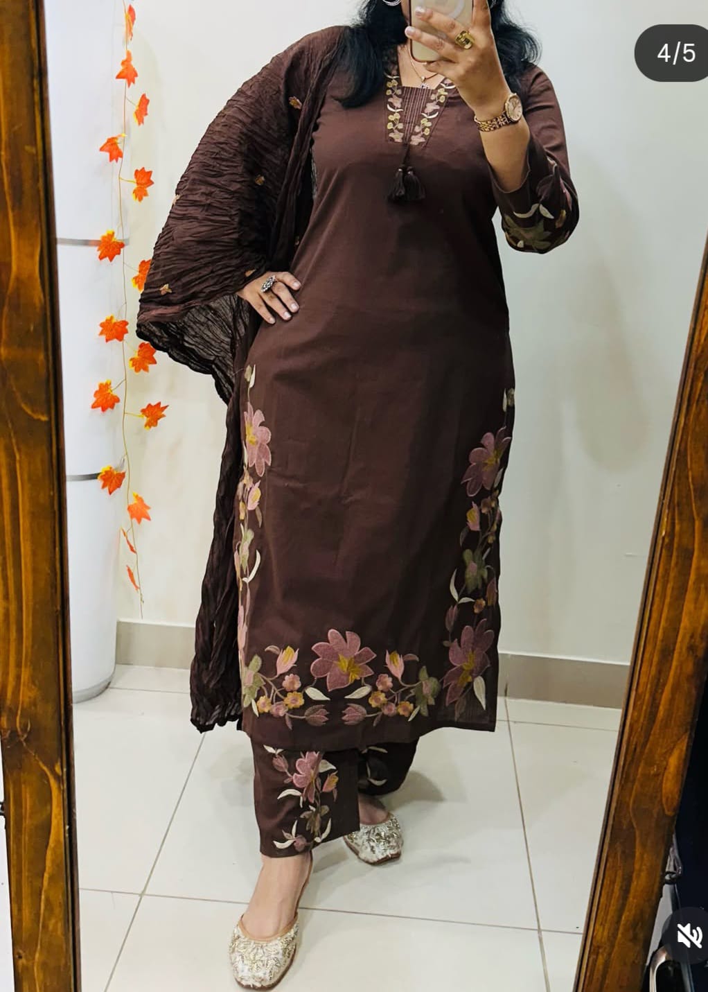 chocolate brown cotton salwar kameez set by Priti Couture features heavy floral