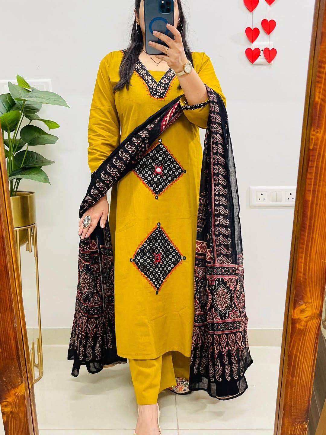 Yellow Kurti Pant with flowers print dupatta