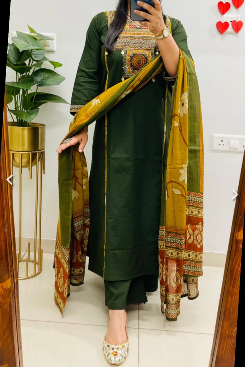 elegant olive green straight-fit cotton Kurti