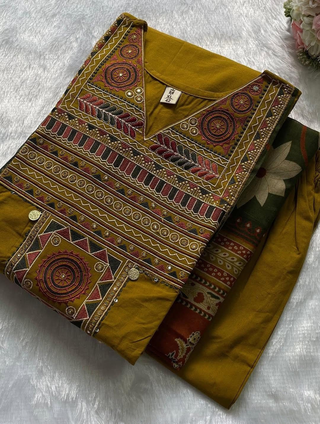mustard yellow 3-piece cotton suit set