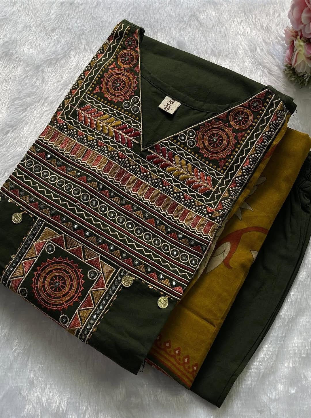 elegant olive green straight-fit cotton Kurti