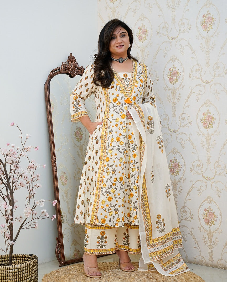cream and yellow floral block print kurta palazzo sets
