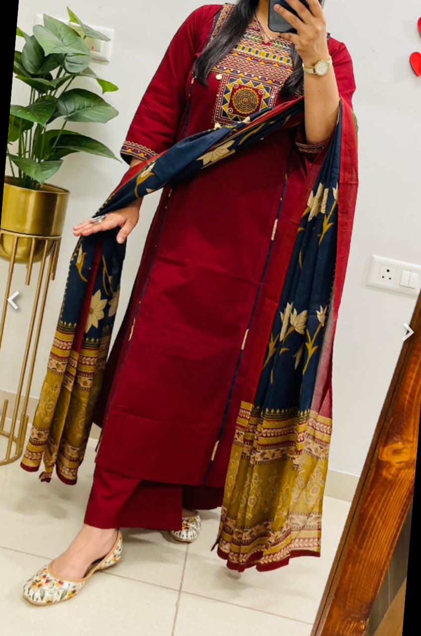 maroon cotton straight kurta set with geometric yoke embroidery, mirror work,