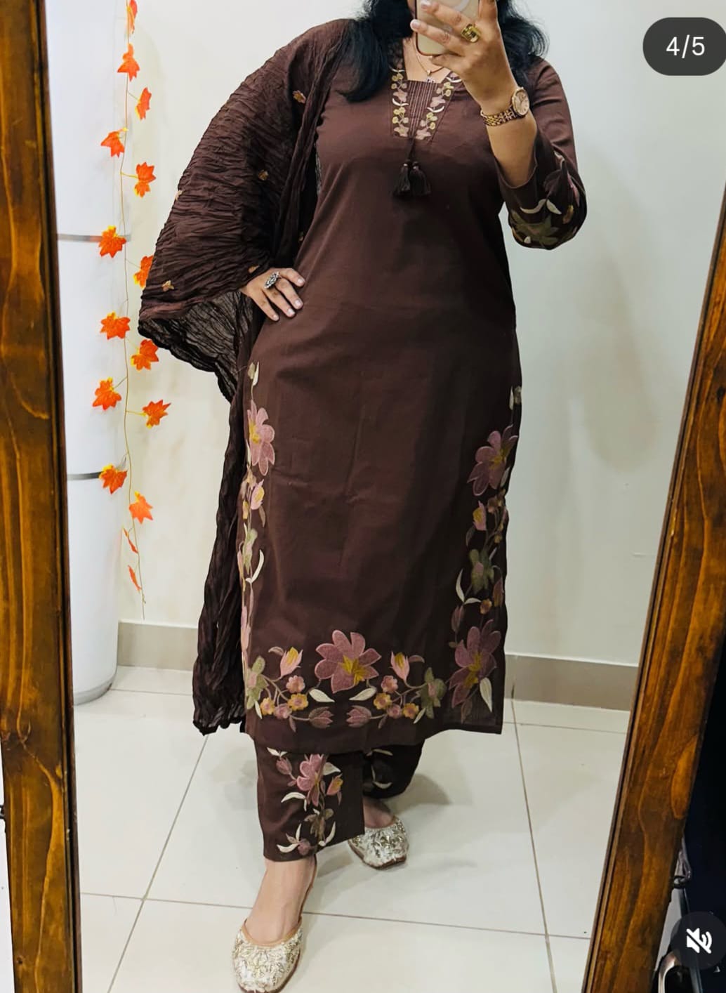 chocolate brown cotton salwar kameez set by Priti Couture features heavy floral