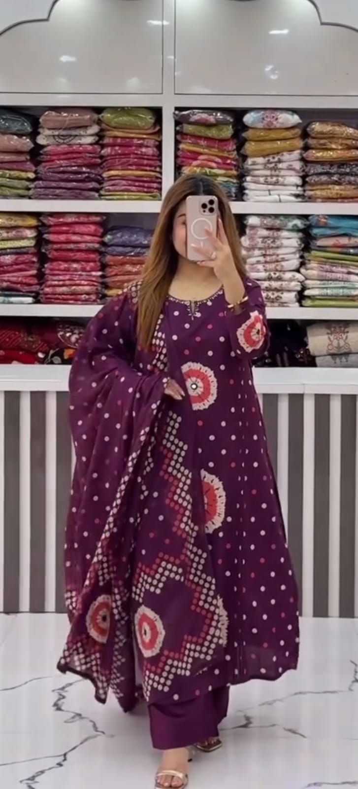 wine-colored cotton bandhani print kurti pant
