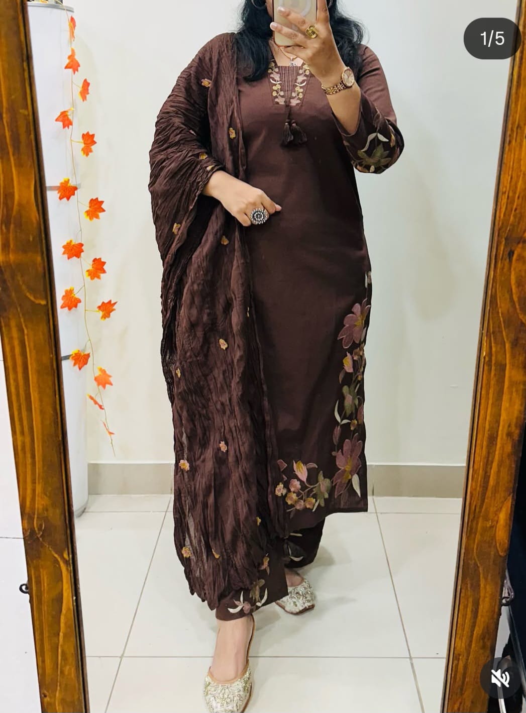 chocolate brown cotton salwar kameez set by Priti Couture features heavy floral