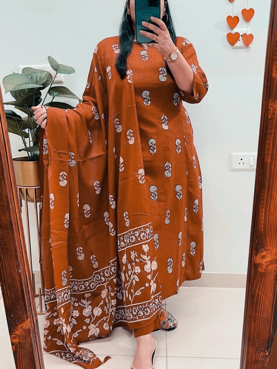 red cotton kurta set with block print dupatta