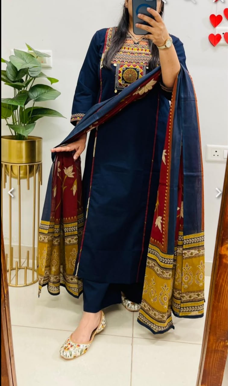 navy blue cotton kurta set with matching pants or dupattas