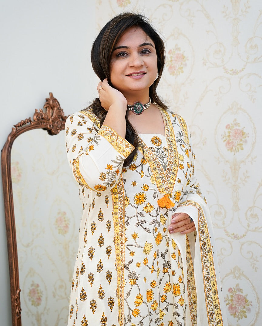 cream and yellow floral block print kurta palazzo sets