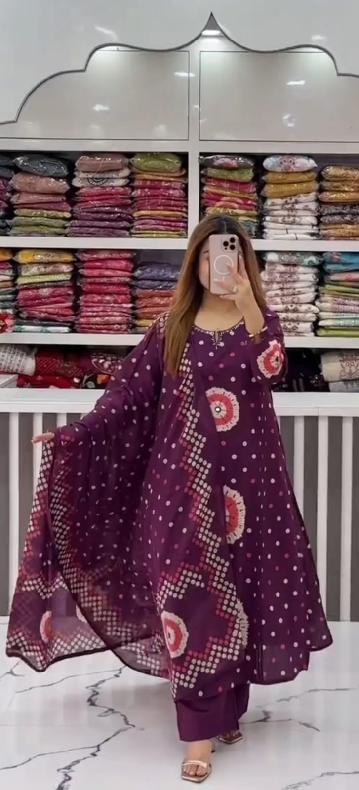 wine-colored cotton bandhani print kurti pant