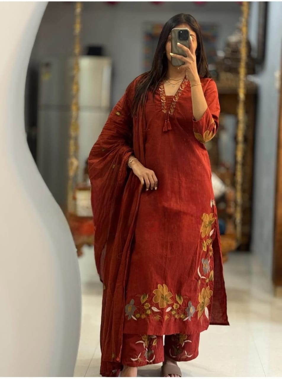 maroon  women's straight kurta set featuring floral embroidery