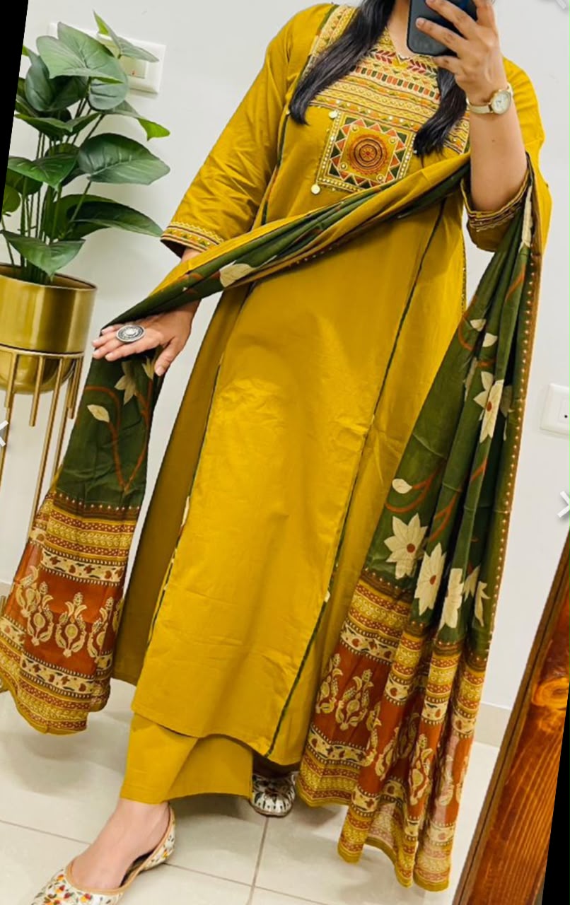mustard yellow 3-piece cotton suit set