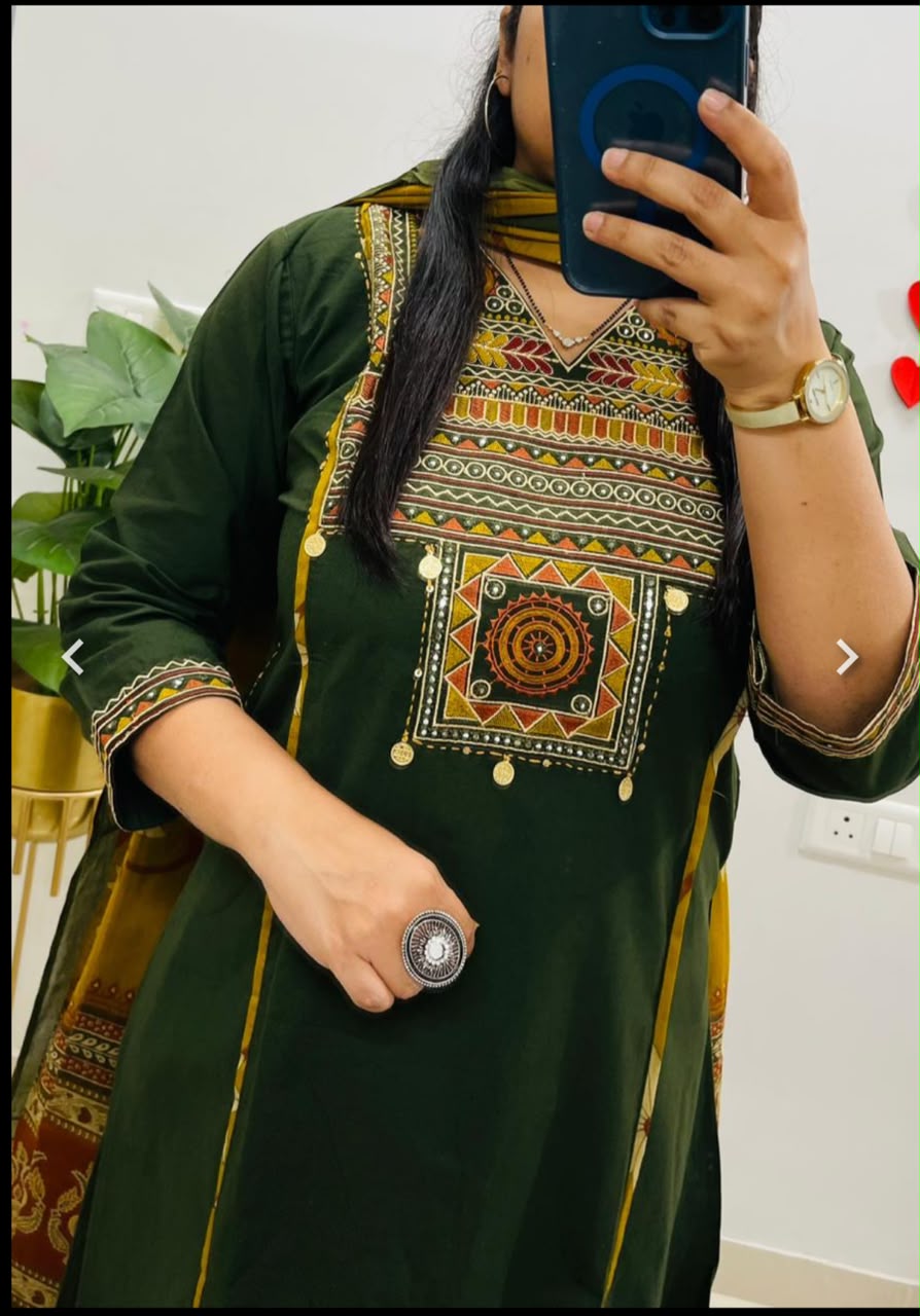 elegant olive green straight-fit cotton Kurti