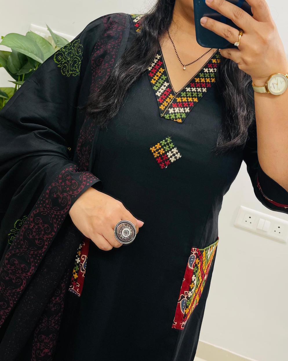 black cotton kurta set with thread work embroidery