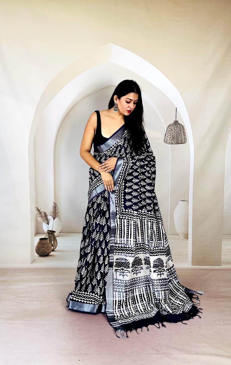 Sustainable Hand Block Linen Saree - bagru saree suit