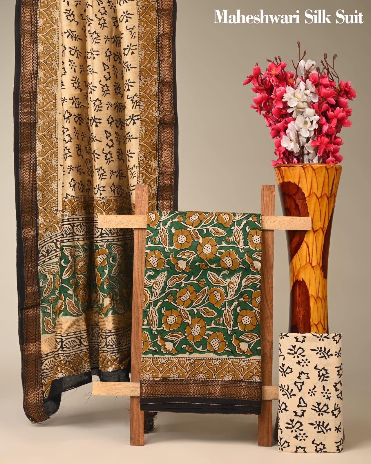 Traditional Maheshwari Silk Suit Set - bagru saree suit