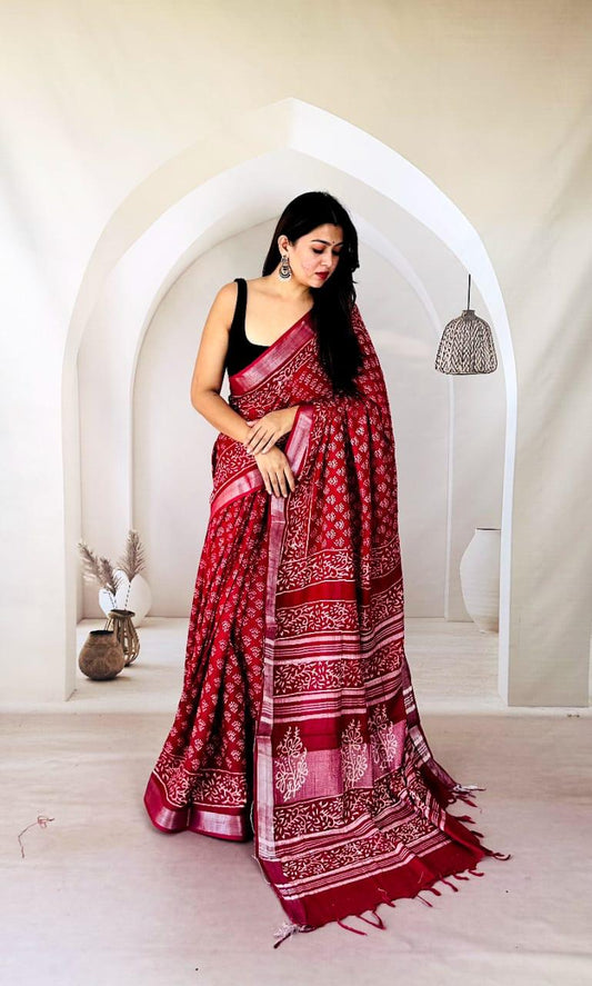 Traditional Meets Modern – Bagru Linen Saree - bagru saree suit